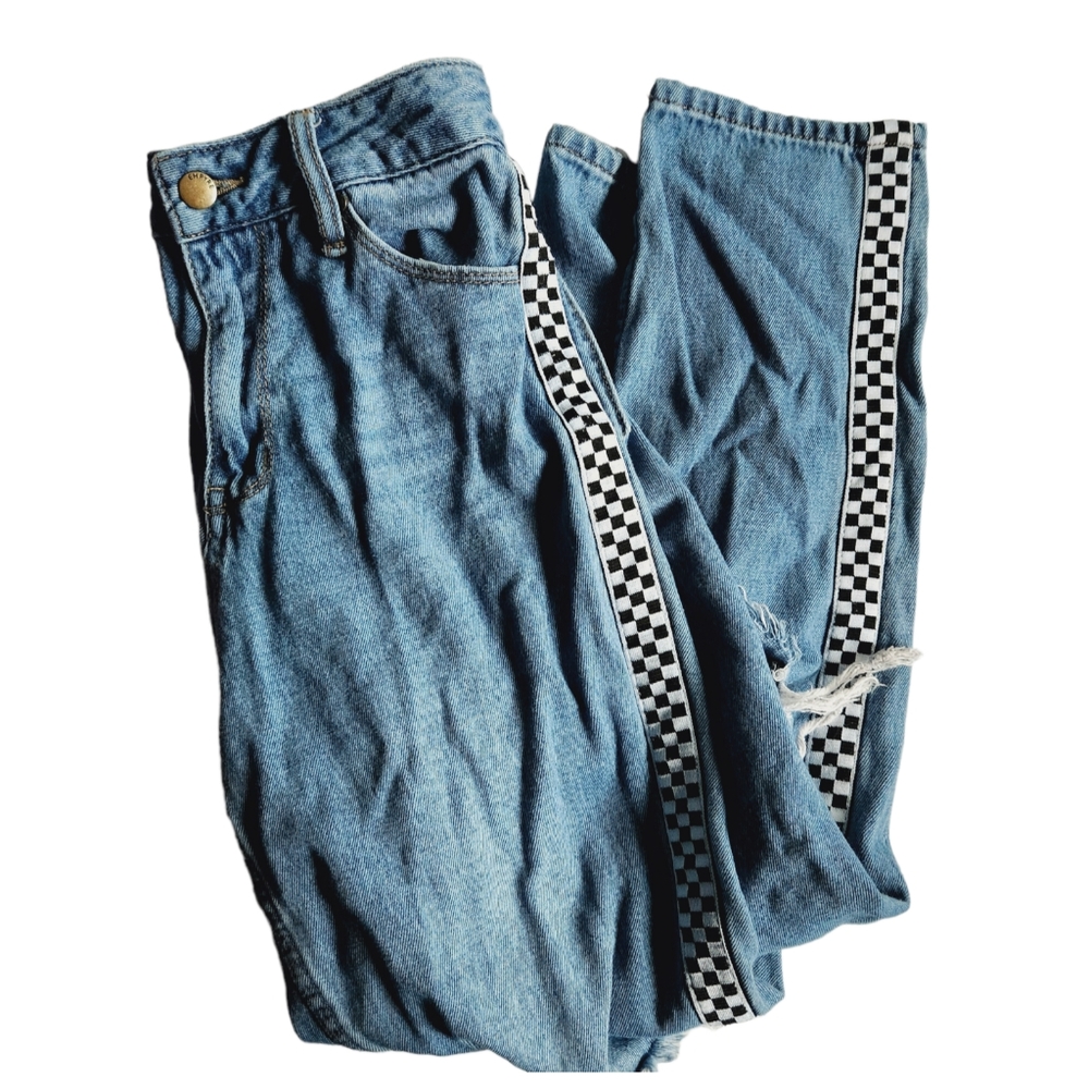 》Empyre Checker Print Light Wash Denim Mom Jeans Ripped Distressed Pants Size 3